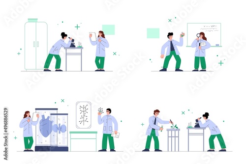 Biologists and genetic engineers in laboratory flat vector illustration isolated.
