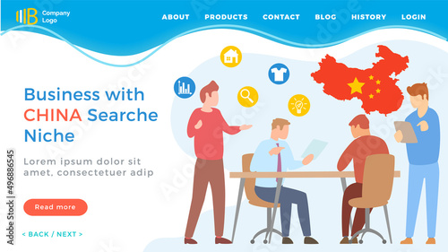 Business with China search niche, produce in China sell worldwide. Trade relations, online without leaving home, deliver cargo anywhere in world. Website or webpage template, landing page flat style