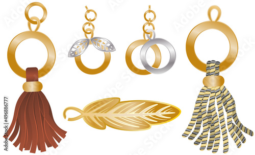 Fittings for women s handbag. Decorative pendant tassel for decorating clothes, curtains or home textiles. Fringe or bag accessory. Gold chain with ring and threads, hanging window curtain decoration