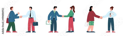 Hand shake agreement. Two people, women and men drawn in full body, shake hands to show respect and partnership.