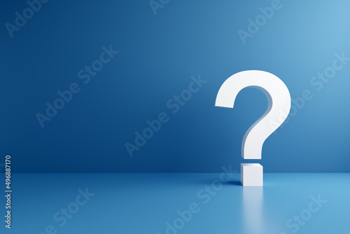 White question mark symbol on blue background. Problem, solution, confusion counseling © Cagkan