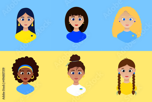 A set of girls from all over the world supporting Ukraine. In the colors of the Ukrainian flag. Blonde, brunette, brown hair, African American, Indian. Lovely Ukrainian girls