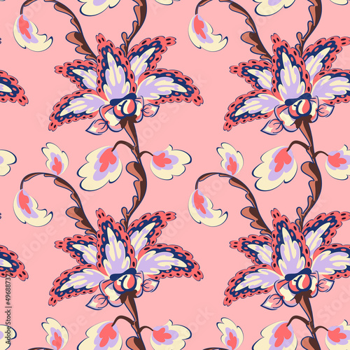 Seamless indian floral pattern. Delicate spring pink sprig with blooming flowers. Amazing ethnic paisley swirls for textile and print