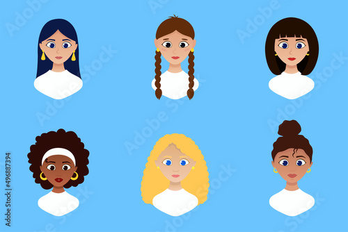 Girls avatars set. Set of colorful user portraits. Faces of female characters. Smiling young women represent the collection. Vector illustration in flat cartoon style