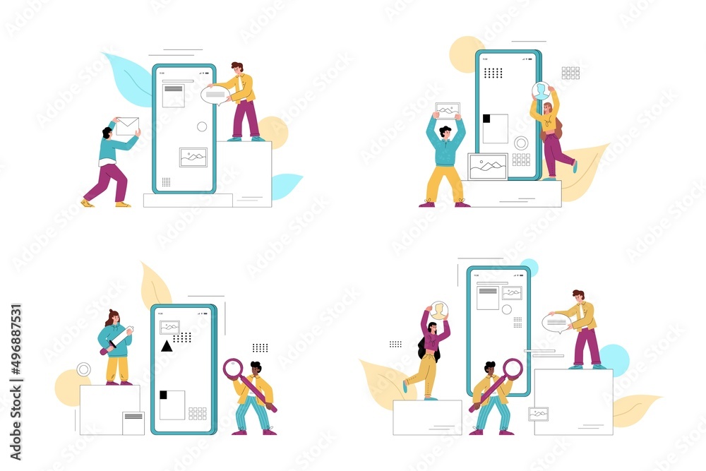 Ux design process. People abstract characters research user experience using mobile app on smartphone. Flat vector.