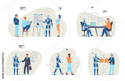 Robots assisting business people in work, flat vector illustrations isolated.