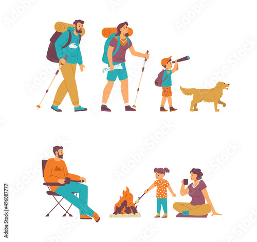 Family on hiking trip and camping adventure, flat vector illustration isolated.