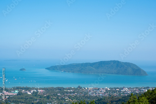 Beautiful turquoise sea and blue sky from high view point at Phuket, Thailand.