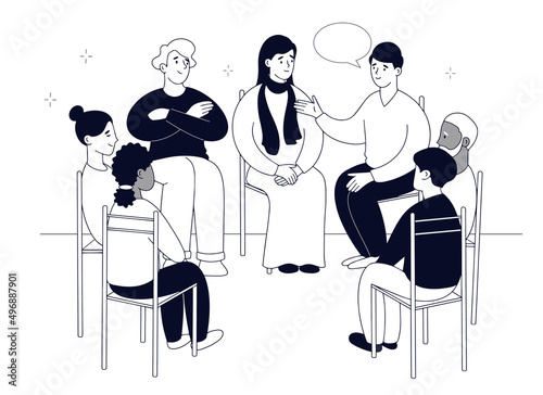 People are sitting on chairs. Concept of Addiction Treatment in Group Therapy.