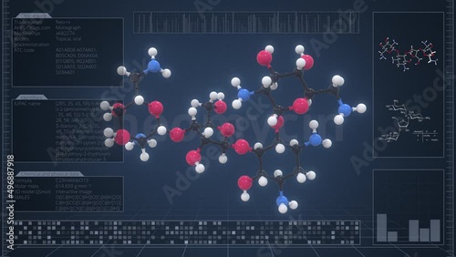 Overview of the molecule of neomycin on the computer screen. Loopable 3d animation photo