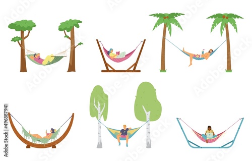 People resting in hammock set of flat cartoon vector illustrations isolated.