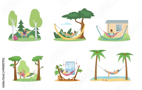 People relaxing in hammock in forest, beach, garden or at home, flat vector illustration isolated on white background.