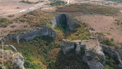 Drone shot of a Prohodna cave entrance. Bulgaria, Lukovit, Karlukovo photo