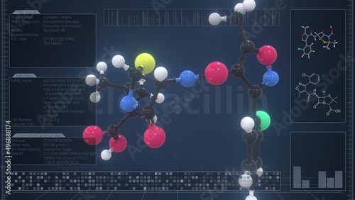 Overview of the molecule of cloxacillin on the computer screen. Loopable 3d animation photo