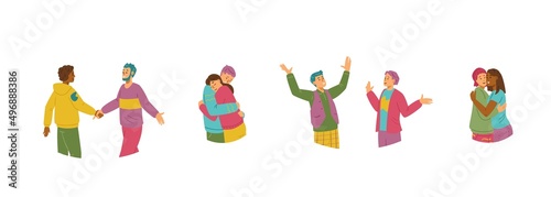People happily greeting each other, flat vector illustration isolated on white background.