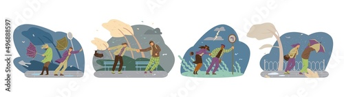 Storm weather vector illustration. People fight with strong wind, autumn rain weather. Tree is blown away.