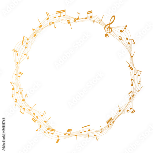 gold colored vector sheet music round frame - musical notes melody on white background	