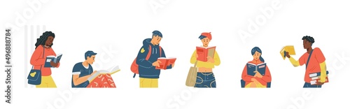 Black, white and asian kids read books and study at high school or college, flat vector banner. Young students readers.