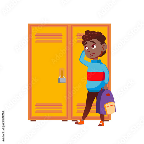 Schoolboy Teen Thinking For School Locker Vector. Frustrated African Boy Forgot Password Or Key From Door And Thinking For Open. Sad Character Student Remind Code Flat Cartoon Illustration