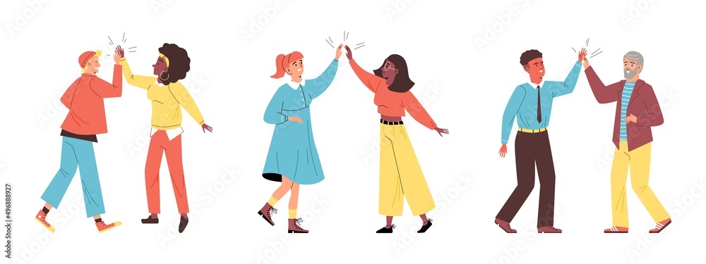 High five greeting gesture of people, flat cartoon vector illustration isolated. High five greeting gesture of people, flat cartoon vector illustration isolated.