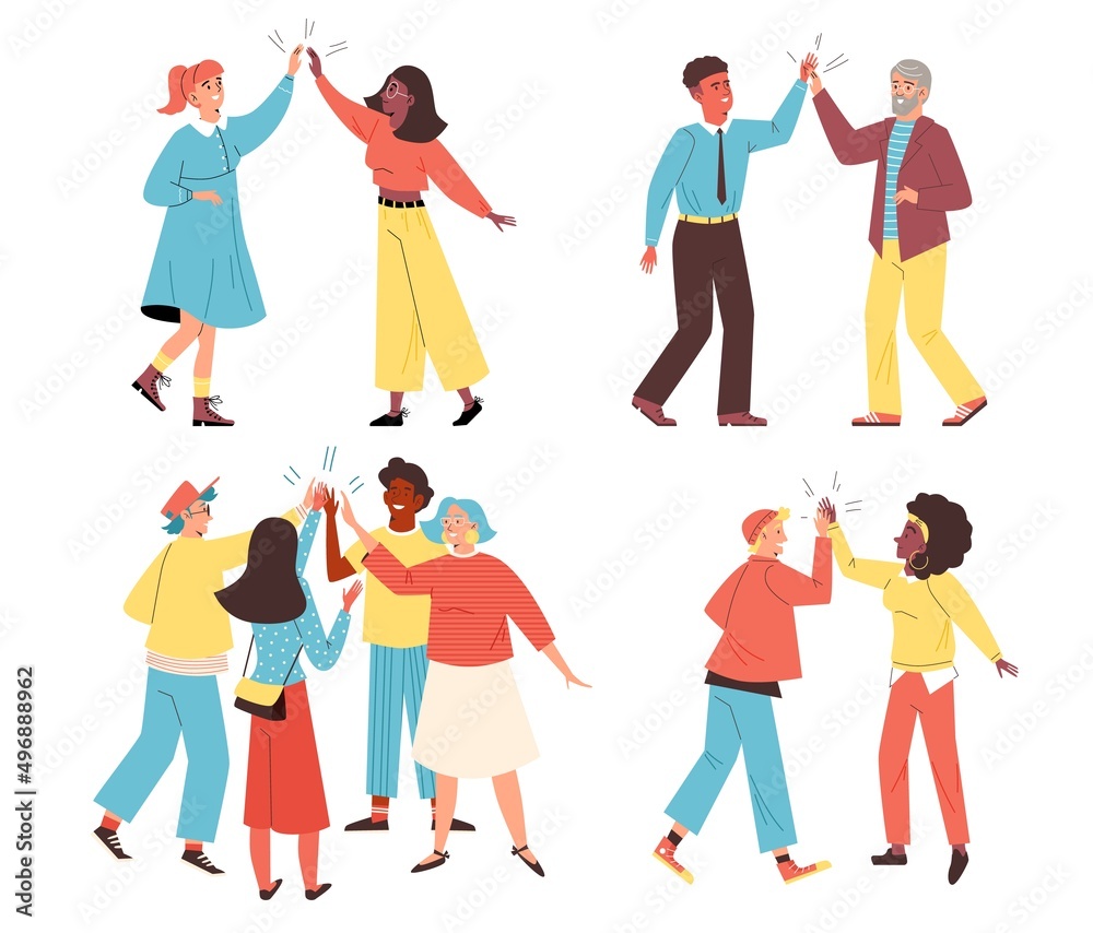 People give each other high five, flat vector illustration isolated on white background.
