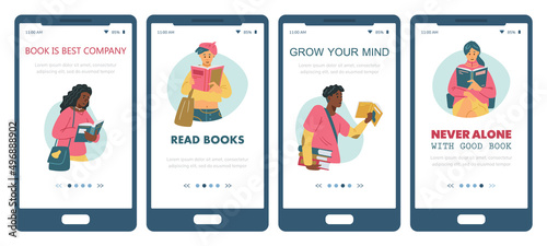 Young people read, smartphone vertical banner for library or bookshop app. Kids of black and asian heritage read books.
