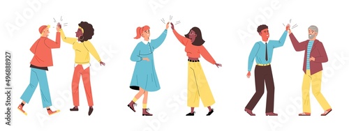 High five greeting gesture of people, flat cartoon vector illustration isolated.