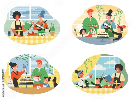 Family cooking groups of characters set, flat vector illustration isolated.