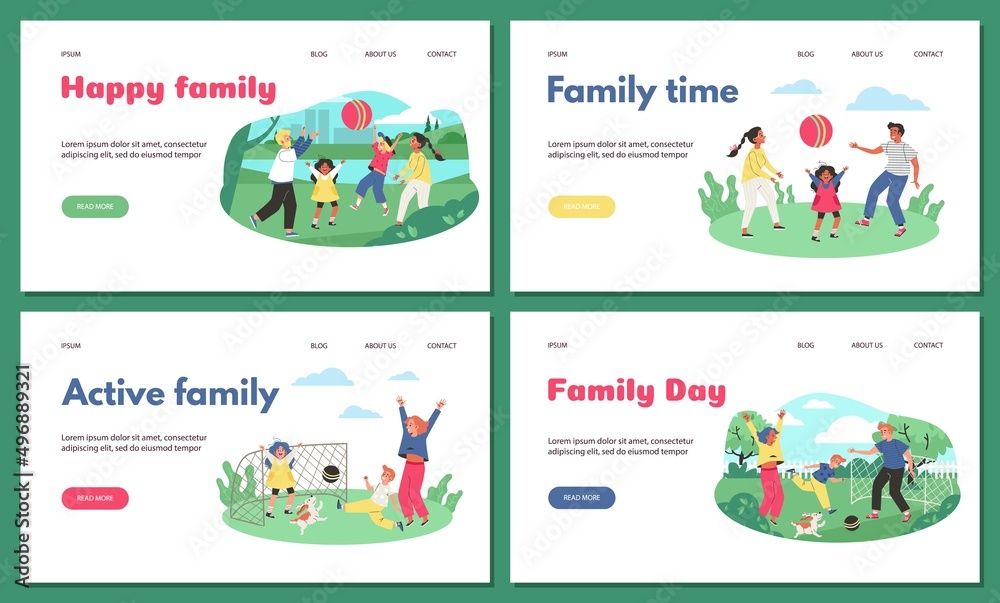 Website mockups set with active sports families, flat vector illustration.