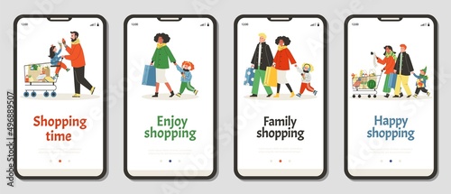 Family shopping onboarding mobile app start pages kit, flat vector illustration.