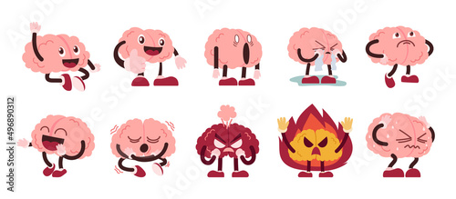 Brain Character With Emotion And Activity Set, Vector, Illustration