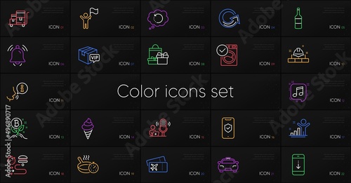 Set of Notification bell, Washing machine and Taxi line icons. Include Musical note, Leadership, Inventory cart icons. Reload, Wine, Recovery data web elements. Frying pan, Boarding pass. Vector