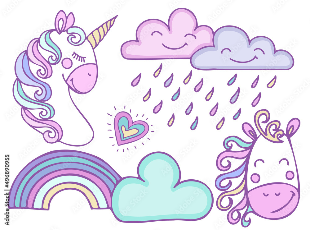 Cute unicorn head clip art with colorful mane.Cartoon style vector illustration of rainbow; clouds; heart isolated on white background.; Suitable for nursery and post card design and svg for cricut