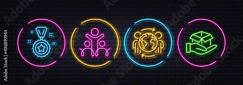 Inclusion, Winner reward and Global business minimal line icons. Neon laser 3d lights. Hold box icons. For web, application, printing. Equity justice, Best award, Outsourcing. Delivery parcel. Vector