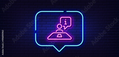 Neon light speech bubble. Interview line icon. Job information sign. Business meeting symbol. Neon light background. Interview glow line. Brick wall banner. Vector