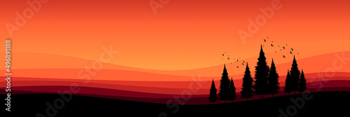 mountain landscape with tree and bird silhouette flat design vector illustration good for wallpaper  background  backdrop  banner  desktop wallpaper  tourism design  and design template