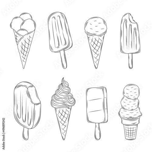 Vintage ice cream. Sketch icecream objects, hand drawn ice creams pie and stick, vanilla cone and sundae bowl desserts, vector illustration