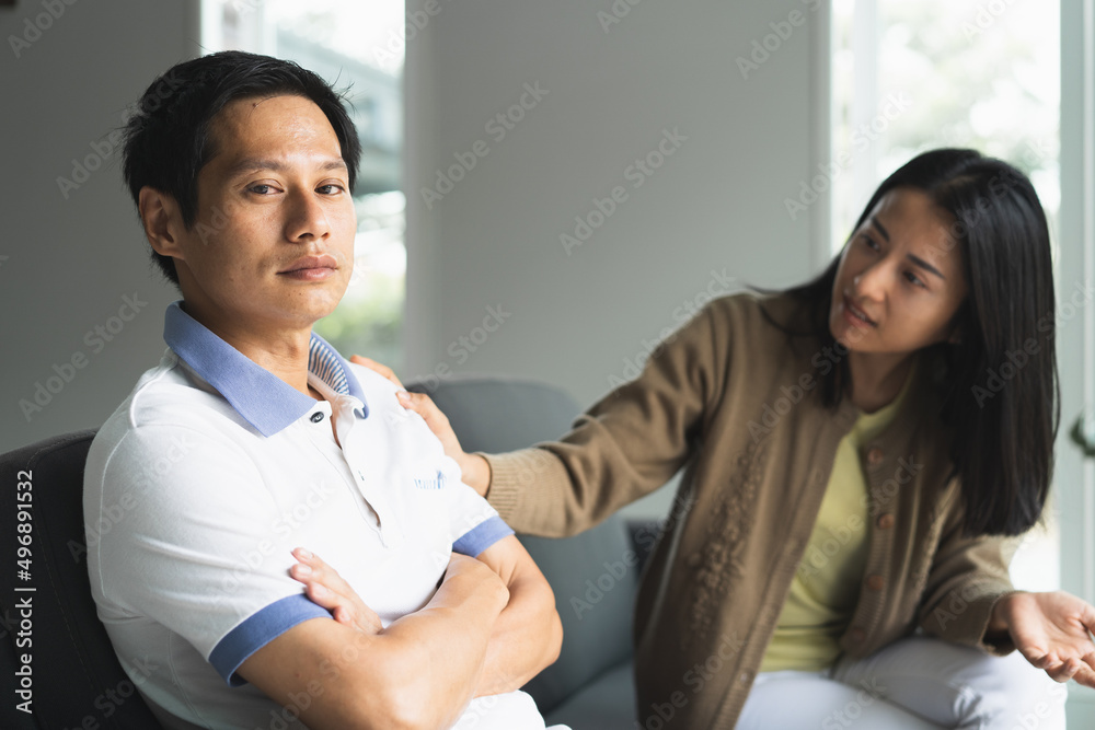 Fototapeta premium family relationship problems. anger wife and argue with husband at home.