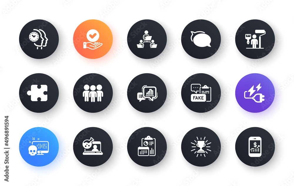 Minimal set of Report, Painter and Puzzle flat icons for web development. Talk bubble, Teamwork, Trophy icons. Time management, Cyber attack, Online chemistry web elements. Vector Minimal set of Report, Painter and Puzzle flat icons for web development. Talk bubble, Teamwork, Trophy icons. Time management, Cyber attack, Online chemistry web elements. Vector