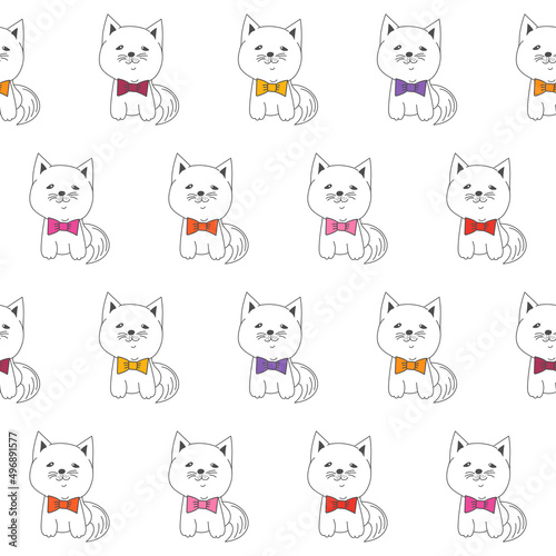 Fototapeta Naklejka Na Ścianę i Meble -  Cute cat characters on white background seamless pattern. Vector illustration for background, baby room wallpaper, wrapping paper and fabric.