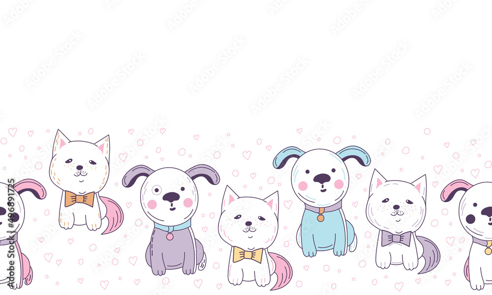 Cute kawaii cats and puppies seamless border. Vector pattern for fabric and paper, wallpaper and background.