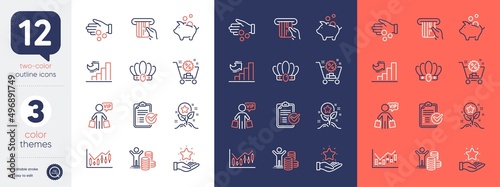 Set of Shopping cart, Financial diagram and Piggy bank line icons. Include Budget profit, Credit card, Loyalty program icons. Crown, Growth chart, Vip shopping web elements. Vector