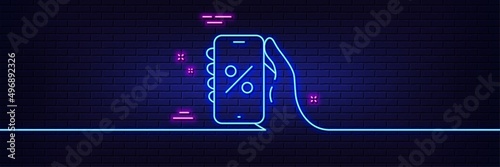 Neon light glow effect. Discounts app line icon. Sale offer sign. Phone promotion price symbol. 3d line neon glow icon. Brick wall banner. Discounts app outline. Vector