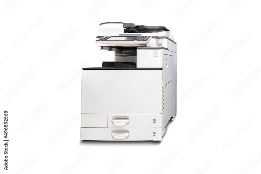 Isolated office multi function laser printer scanner on white background.