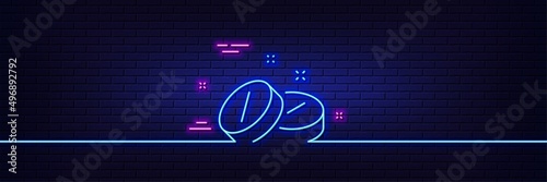 Neon light glow effect. Medical tablet line icon. Medicine drugs sign. Pharmacy medication symbol. 3d line neon glow icon. Brick wall banner. Medical tablet outline. Vector