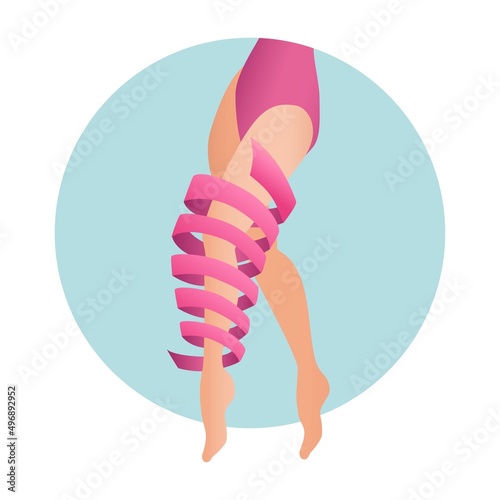 Beautiful slender female legs are wrapped in a pink ribbon in a spiral. Care and health for the skin and muscles of the legs. Medical or advertising illustration for cosmetics and beauty treatments.