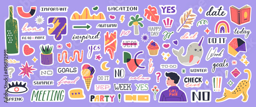 Big set of different trendy stickers planner. Colorful elements and lettering for daily planner or diaries. Cute weekly images, motivation quotes. Hand drawn vector illustration in flat cartoon style.