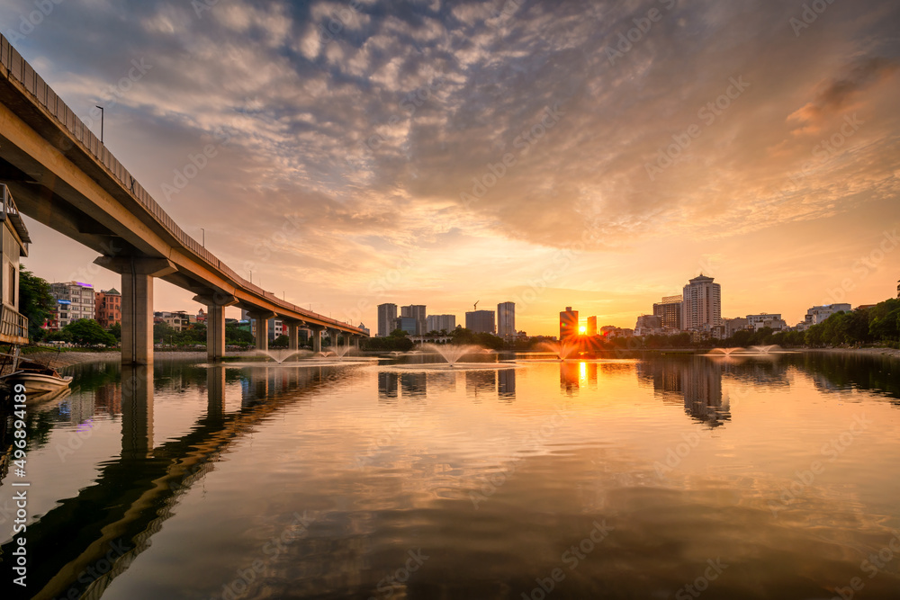 Aerial skyline view of Hanoi at Hoang Cau lake. Hanoi cityscape by sunset period