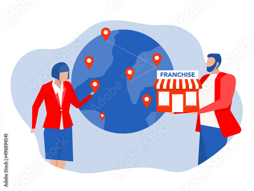 Businesspeople expand restaurant franchise network over globe.with franchise branch expansion strategy of financial marketing planning vector illustrator   Vector illustration.