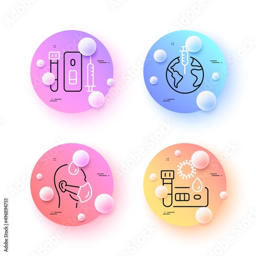 Blood and saliva test, Covid test and Pandemic vaccine minimal line icons. 3d spheres or balls buttons. Sick man icons. For web, application, printing. Vector